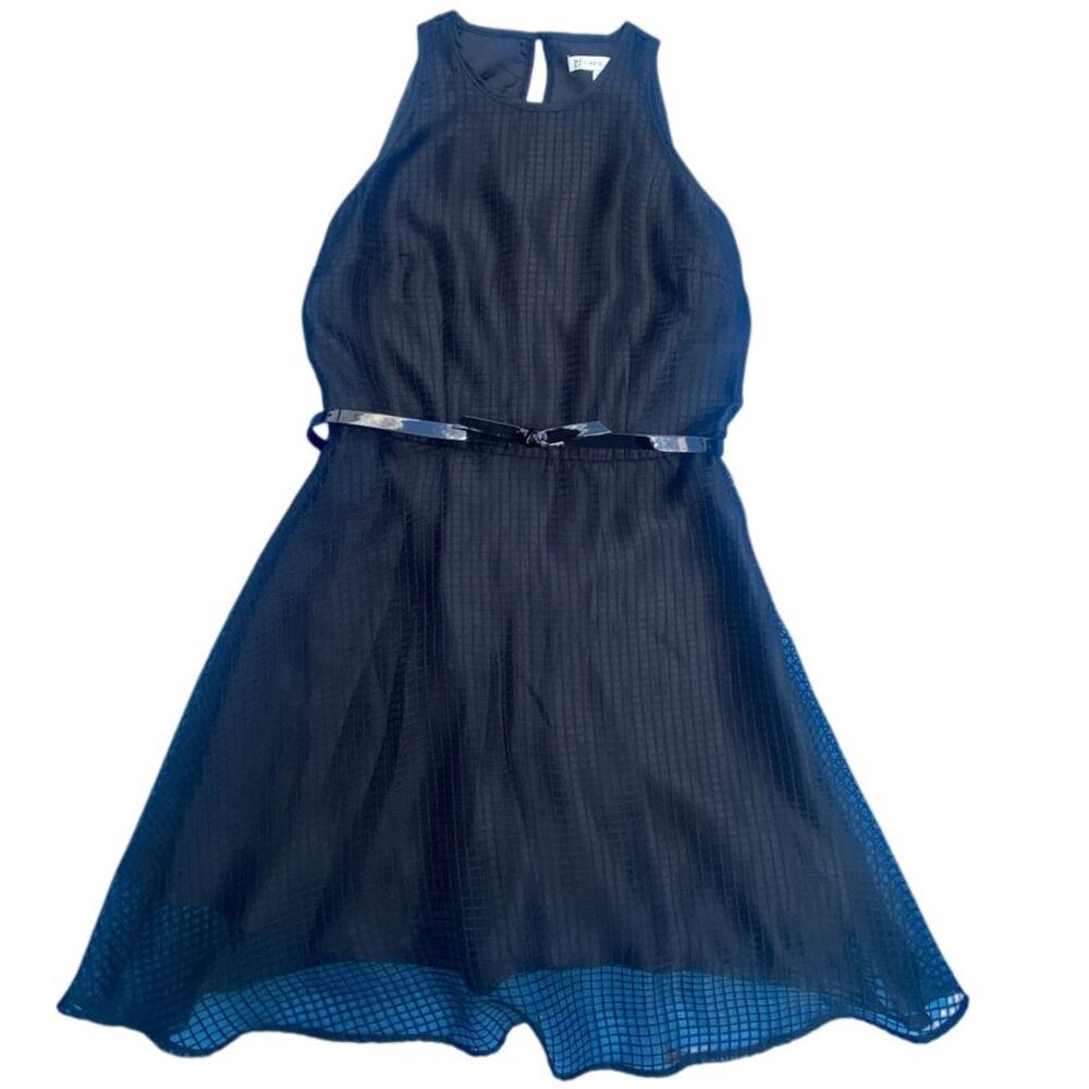 Heidi Weisel Black Mesh Overlay Fit & Flare Dress Size 10 Party Cocktail Belted